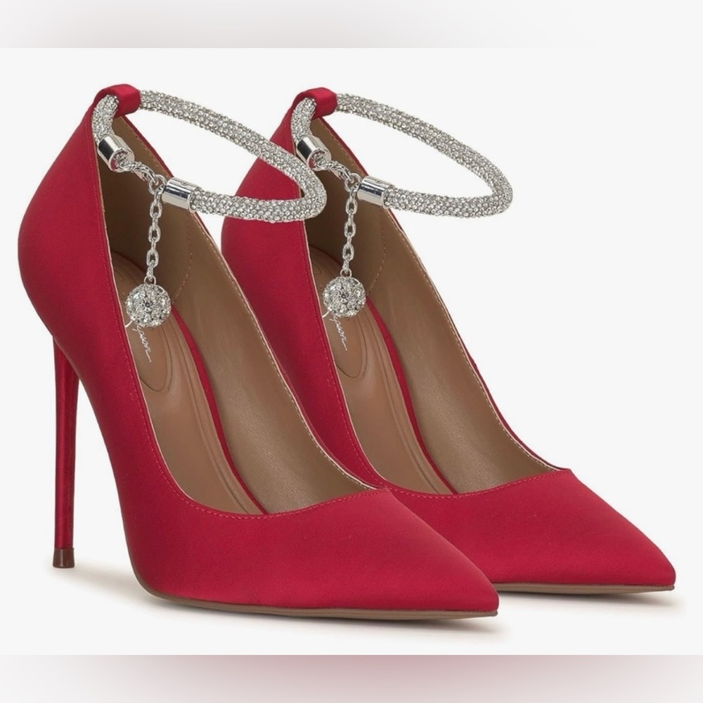 Jessica Simpson Red sekani pump Stiletto Heels with Ankle Strap satin 8.5